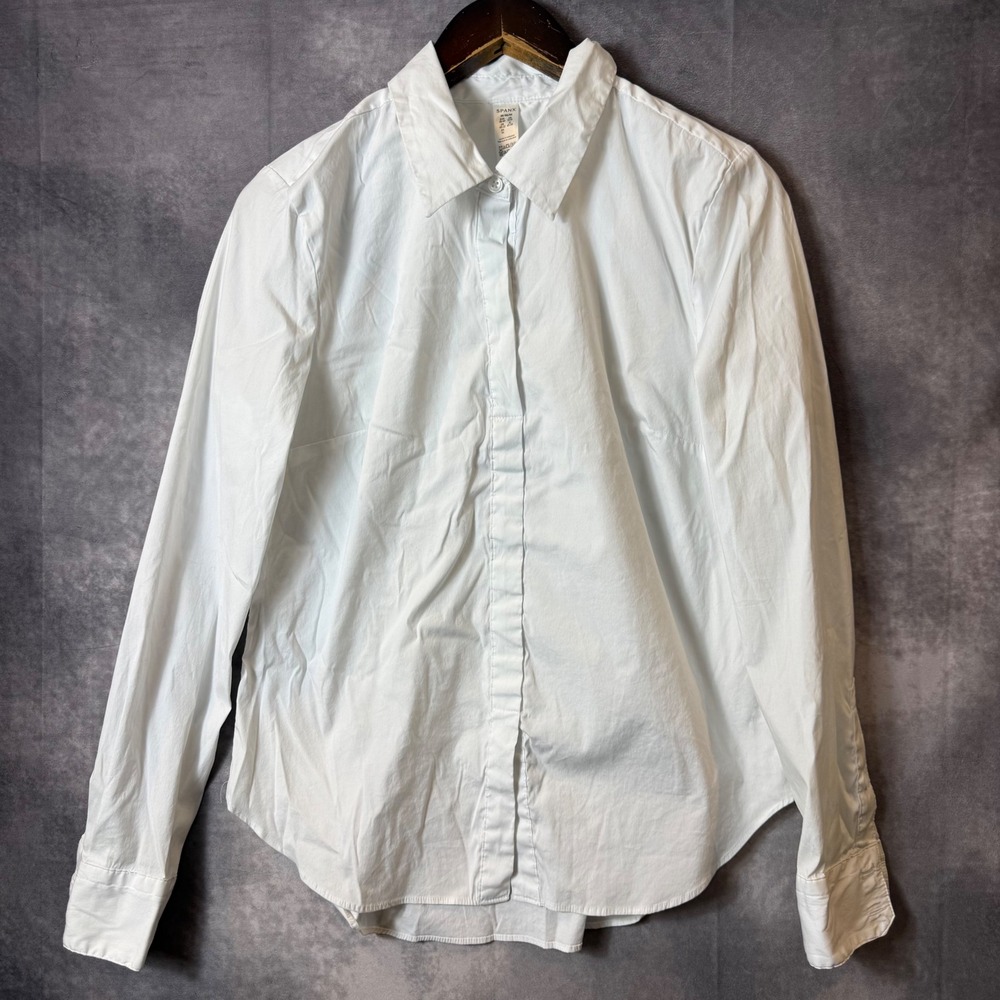 Spanx Womens White Stretch Cotton Hidden Button Down Long Sleeve Shirt Size M